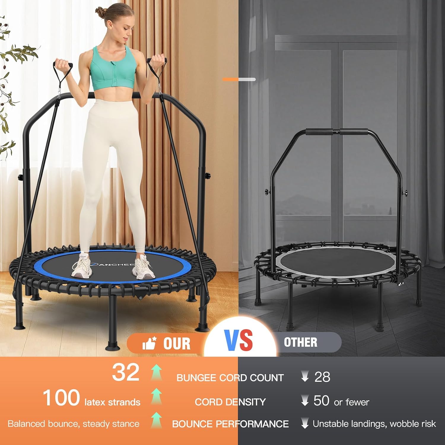 ANCHEER 40'/48' Foldable Mini Trampoline,Max Load 450lbs/550lbs Indoor Trampoline,with 4 Level Adjustable Foam Handle and Resistance Bands,Adult Exercise Trampoline for Home, Garden, and Gym