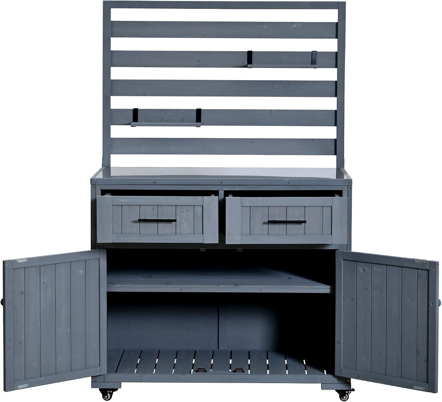 Large Potting Bench Table with Stainless Table Top, Mobile Garden Workstation on Wheels with 3 Movable Shelves and 2 Drawers (Gray)