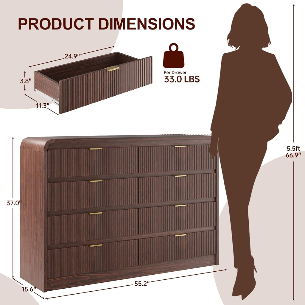 FURSUN Fluted 8 Drawers Dresser for Bedroom, 55' Wide Wooden Dresser with Metal Handle, Curved Profile Design, Modern Storage Organizer for Bedroom, Living Room, Hallway, Dark Walnut