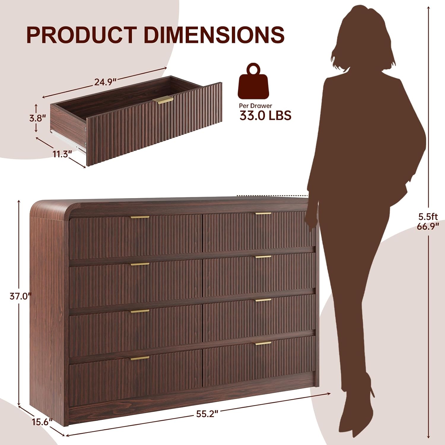 FURSUN Fluted 8 Drawers Dresser for Bedroom, 55' Wide Wooden Dresser with Metal Handle, Curved Profile Design, Modern Storage Organizer for Bedroom, Living Room, Hallway, Dark Walnut