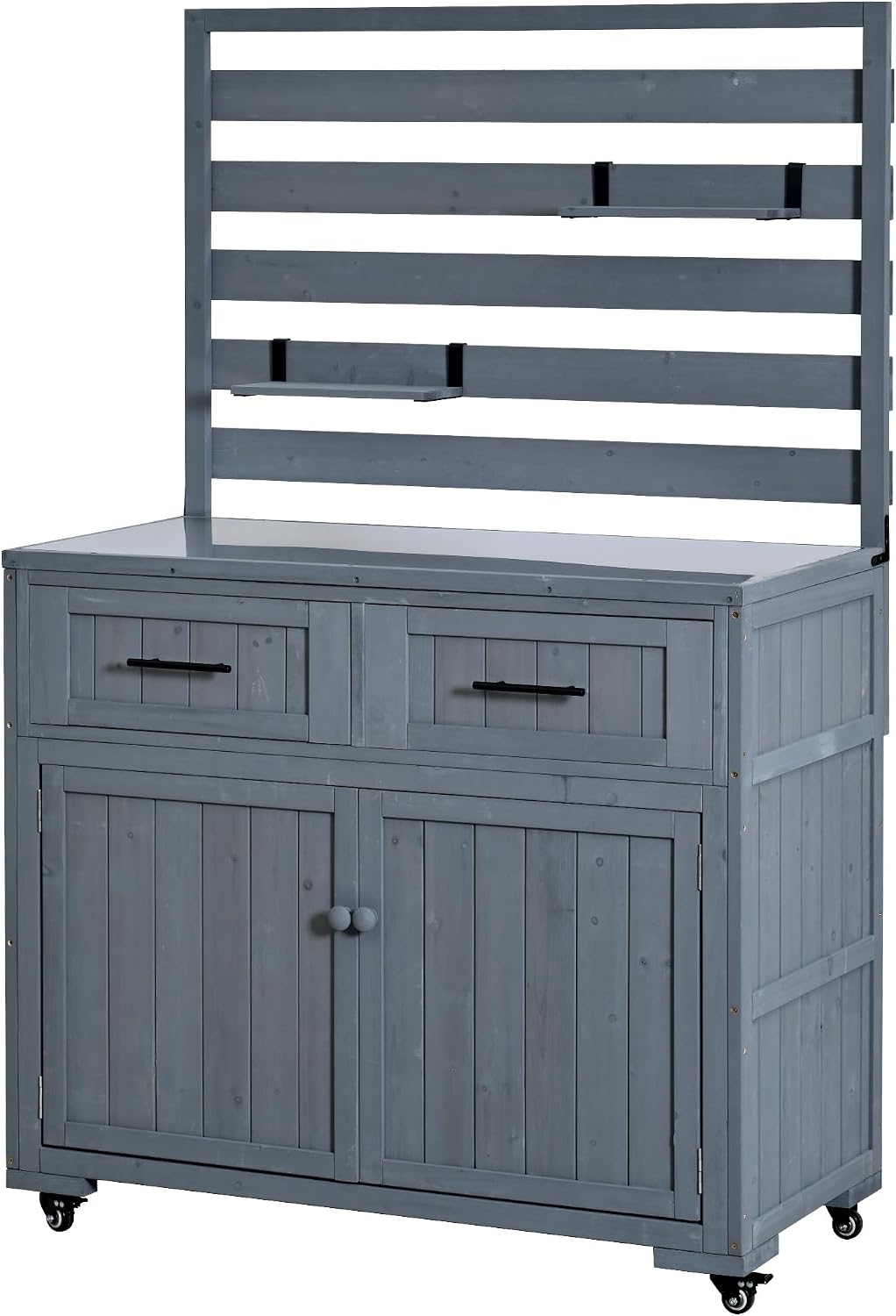 64.9'' H Large Patio Kitchen Island Cart,Solid Wood Grill Prep BBQ Table,Garden Potting Bench with Stainless Table Top,3 Movable Shelves and 2 Drawers (Gray-k)