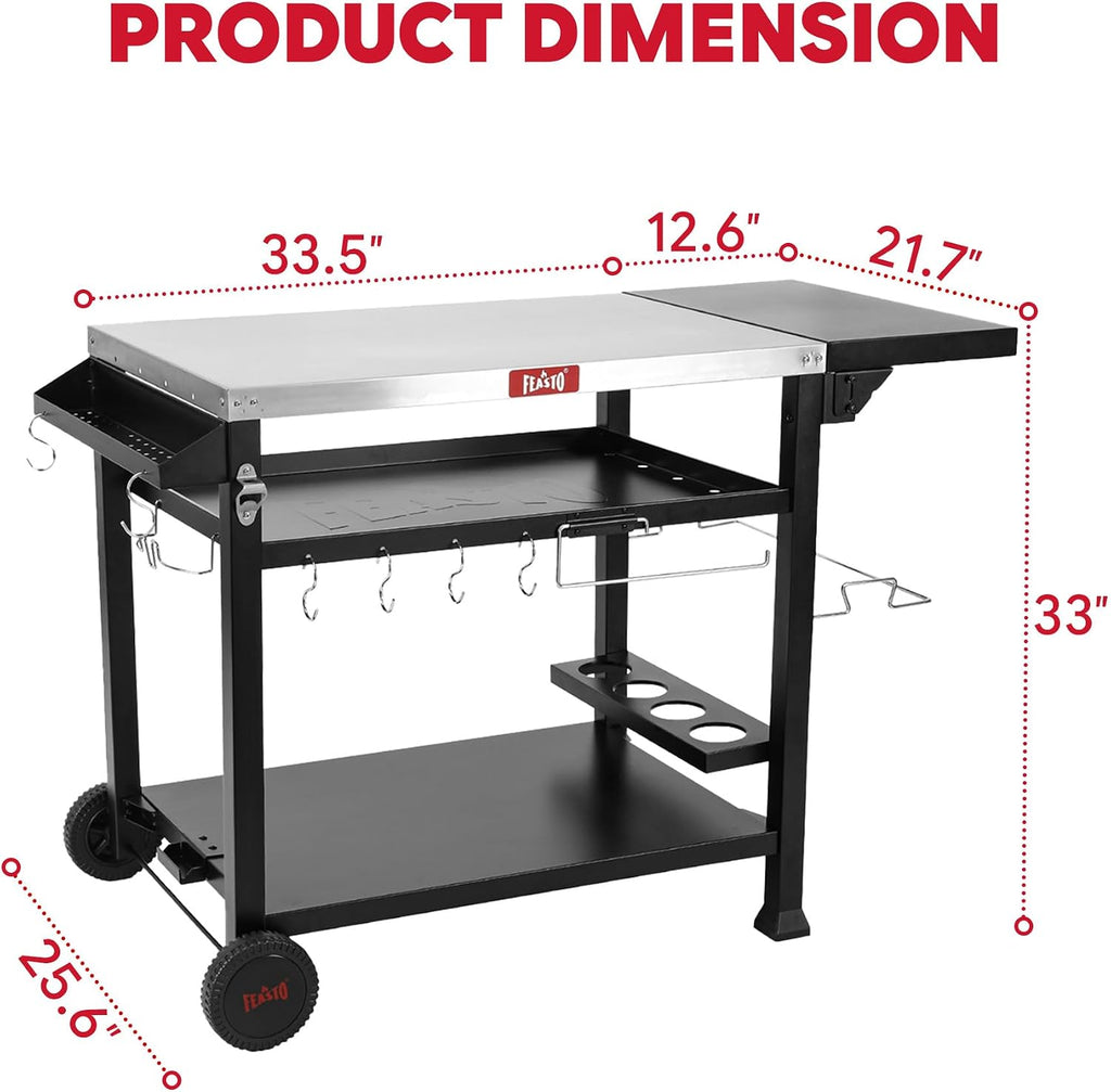Feasto 40x26 Outdoor Grill Cart, Stainless Steel Tabletop, 3-Shelf Rolling | Pizza Oven Table, Pizza Oven Stand, BBQ Grill with Wheels for Food Prep, Outdoor & Indoor, Dining, Kitchen Cart Table