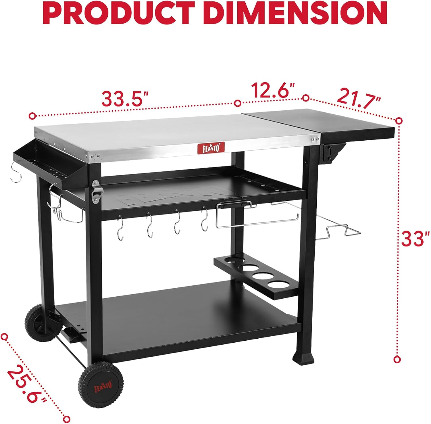 Feasto 40x26 Outdoor Grill Cart, Stainless Steel Tabletop, 3-Shelf Rolling | Pizza Oven Table, Pizza Oven Stand, BBQ Grill with Wheels for Food Prep, Outdoor & Indoor, Dining, Kitchen Cart Table