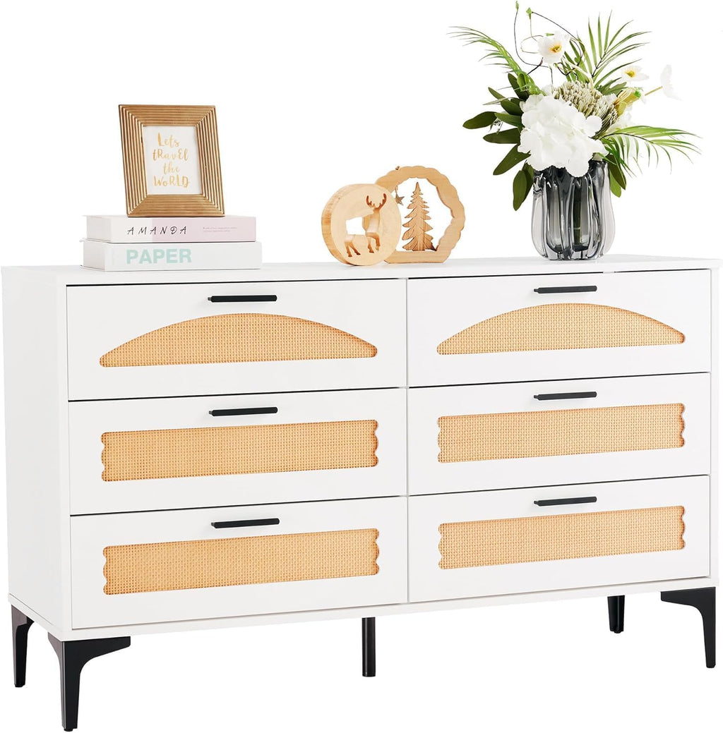 Mericonia 6 Drawer Double Dresser for Bedroom, Wood Rattan Dresser for Closet with Metal Legs, Boho TV Stand with Drawers, Dressers & Chests of Drawers for Bedroom, Hallway and Entryway, White