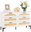 Mericonia 6 Drawer Double Dresser for Bedroom, Wood Rattan Dresser for Closet with Metal Legs, Boho TV Stand with Drawers, Dressers & Chests of Drawers for Bedroom, Hallway and Entryway, White