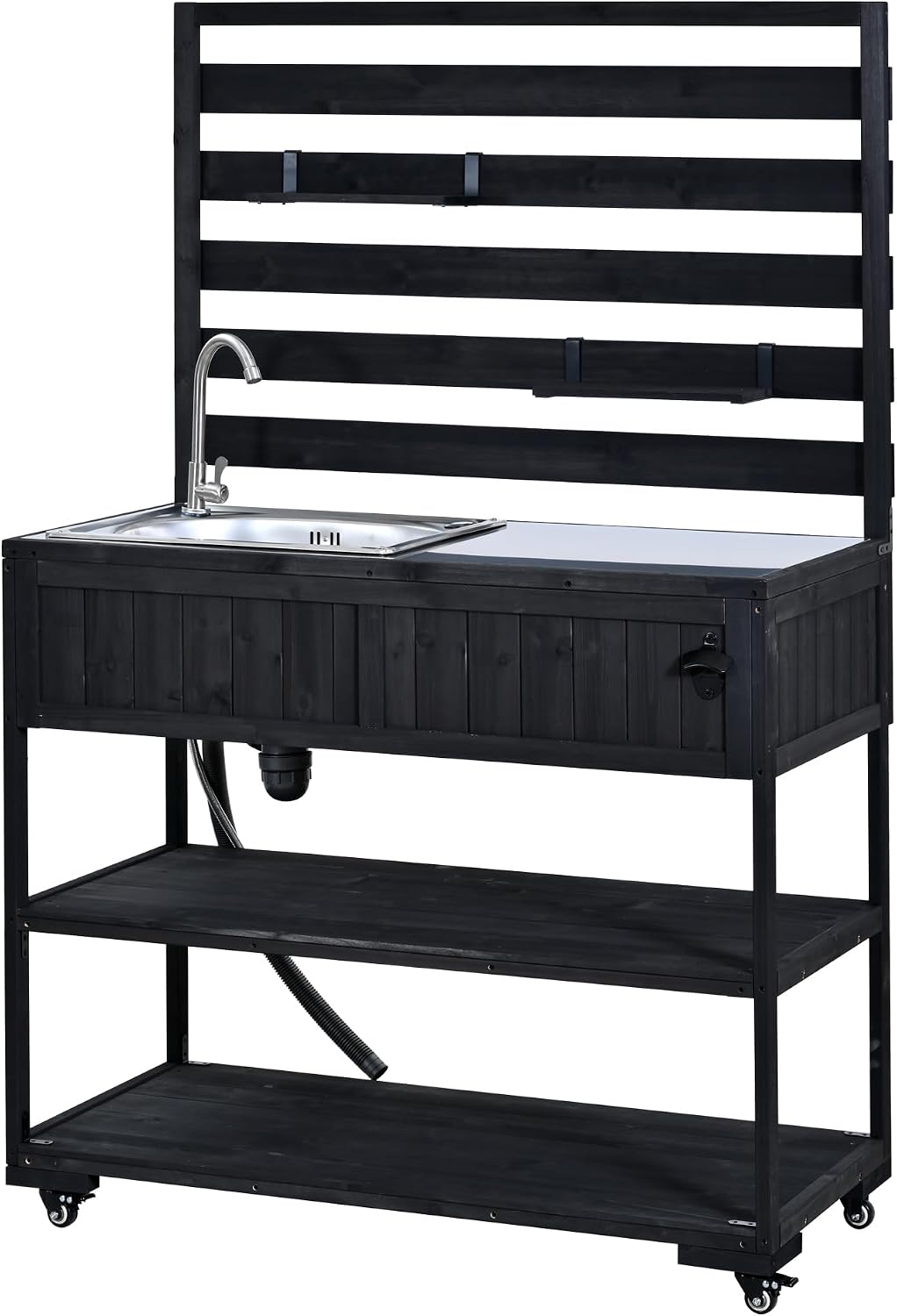 41.7'' Large Patio Rolling Kitchen Island,Solid Wood Kitchen Cart with Sink,Garden Potting Bench with Stainless Table Top,2 Movable Shelves and 1 Bottle Opener (Black-J)