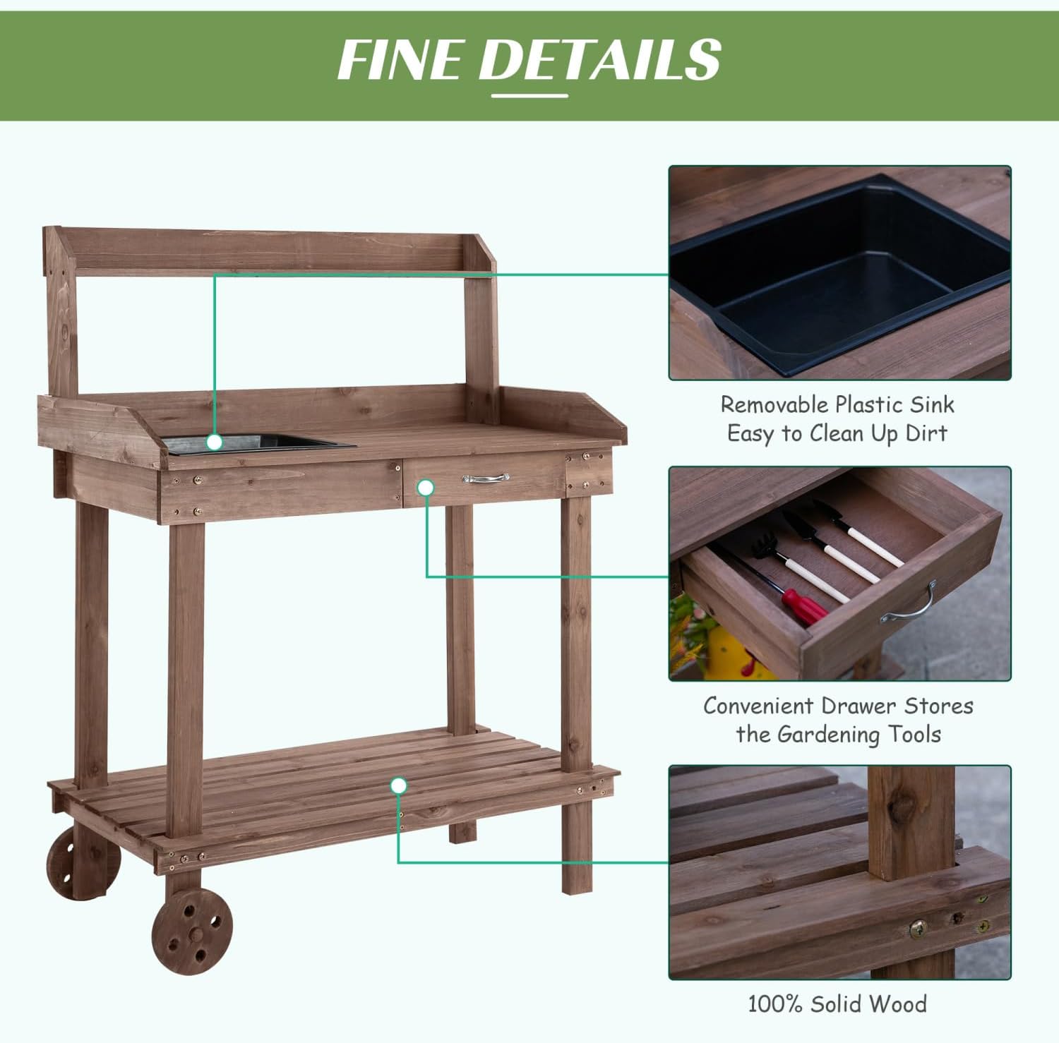 36' Wooden Potting Bench Work Table with 2 Removable Wheels, Sink, Drawer & Large Storage Spaces, Brown