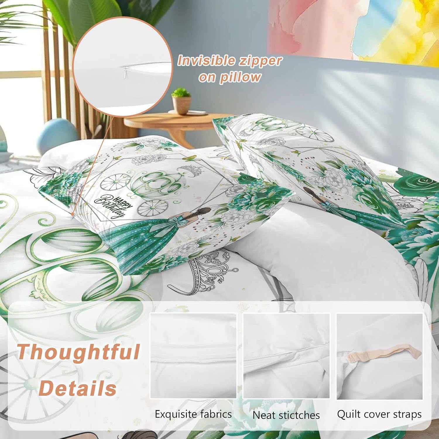 Happy Birthday Duvet Cover Full Size - 4 Pieces Bedding Set, Green Luxury Dress Crown Carriage Flowers Bedding Comforter Covers Zipper Closure, 1 Duvet Covers 1 Fitted Sheet 2 Pillow Shams