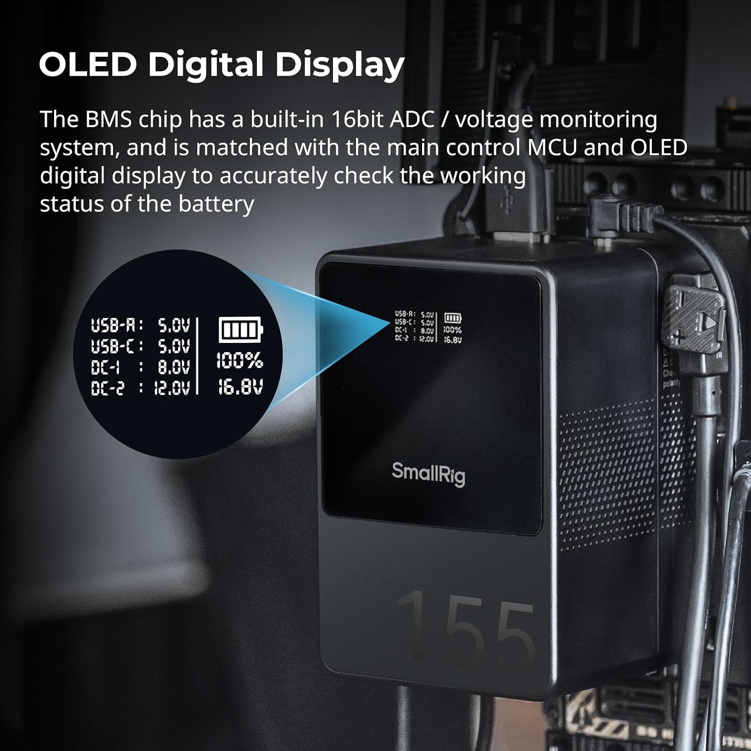 SMALLRIG V Mount Battery VB155, 155Wh / 10500mAh V Mount Battery with 100W Output, 3H Full Charge, with USB-C, D-TAP, USB-A, Dual DC Ports, OLED Screen, for Camera, Camcorder, Monitor, Video Light