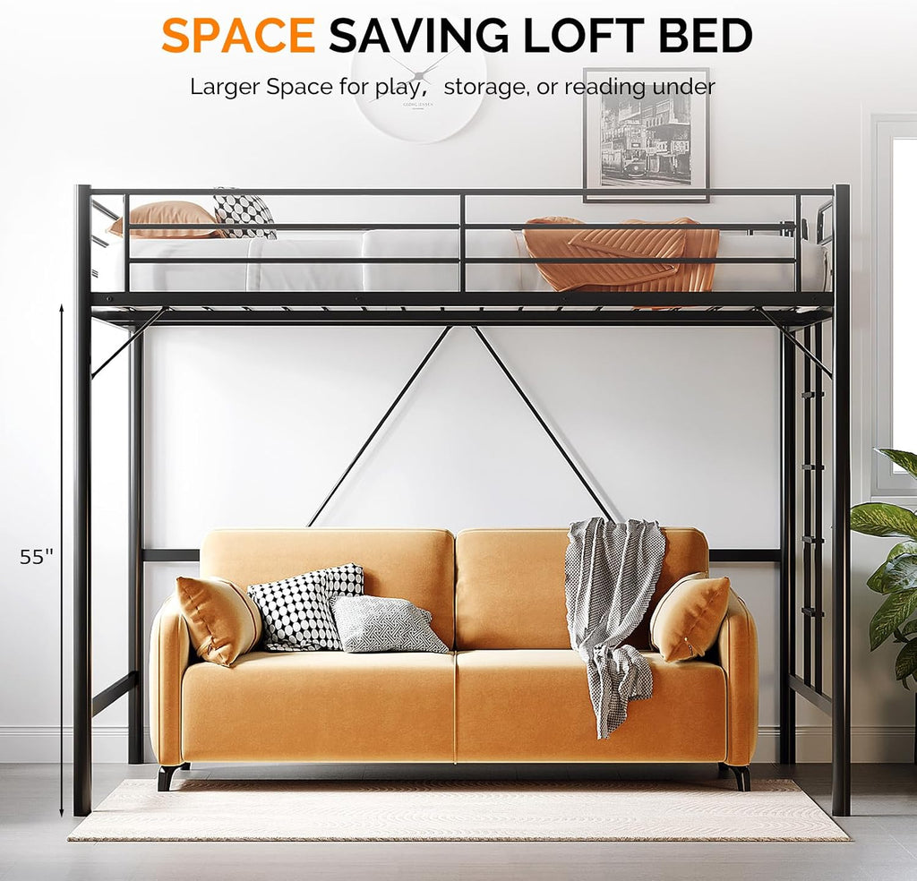 VINGLI Queen Loft Bed with Flat Rungs for Adults, Kids and Young Teens, No Box Spring Required,Heavy Duty Metal Slat Support, Black