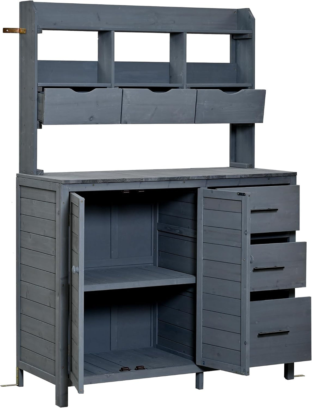 Roomfitters Garden Potting Bench with Storage Hutch, Outdoor Potting Table with 6 Drawers and Cabinets, Shelves, Gray