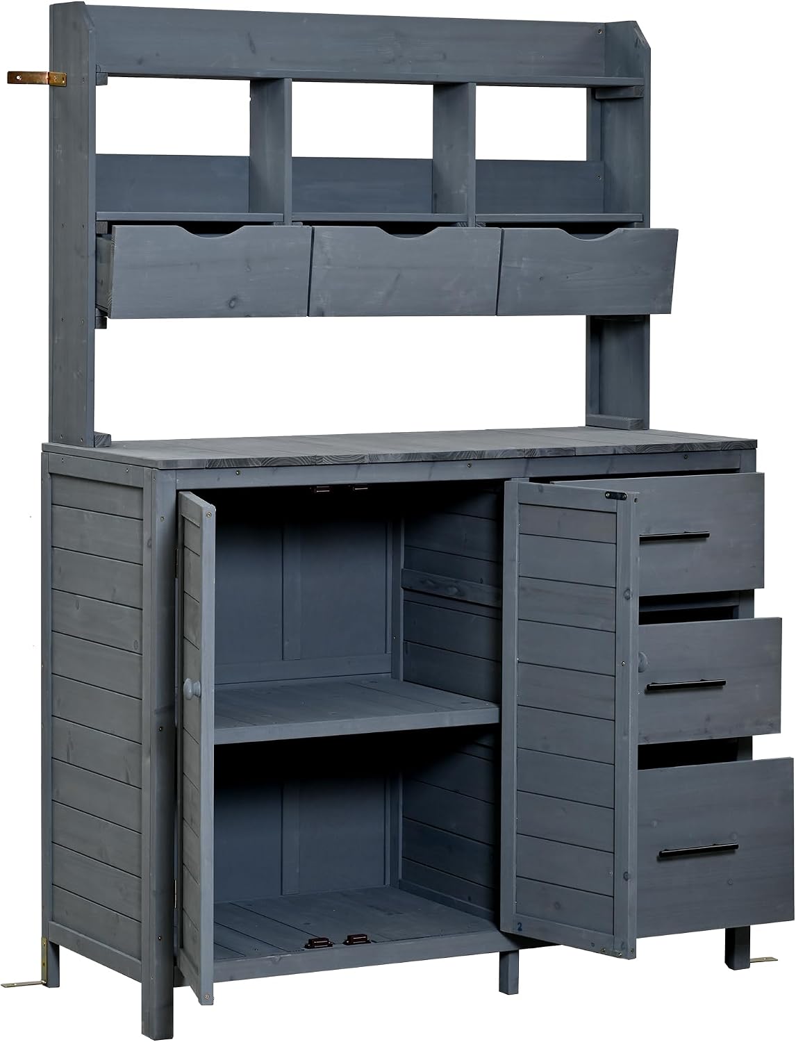Farmhouse Patio Potting Bench with Storage Cabinet, 65' H Garden Workstation with 6 Drawers and Side Hooks, Outdoor Kitchen Island with Adjustable Shelf for Patio, Backyard, Gray