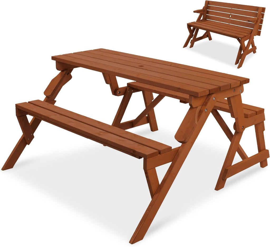 Best Choice Products 2-in-1 Transforming Interchangeable Outdoor Wooden Picnic Table Garden Bench for Backyard, Porch, Patio, Deck w/Umbrella Hole - Acorn