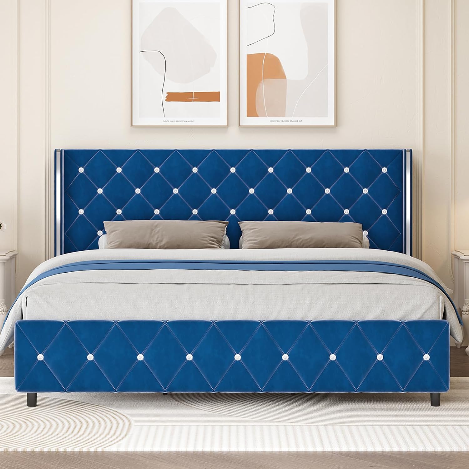 HOMBCK King Size Bed Frame with Headboard, Upholstered Bed with Diamond Tufted Design Design, Modern King Size Bed with Wingback, No Box Spring Needed, Easy Assembly, Blue