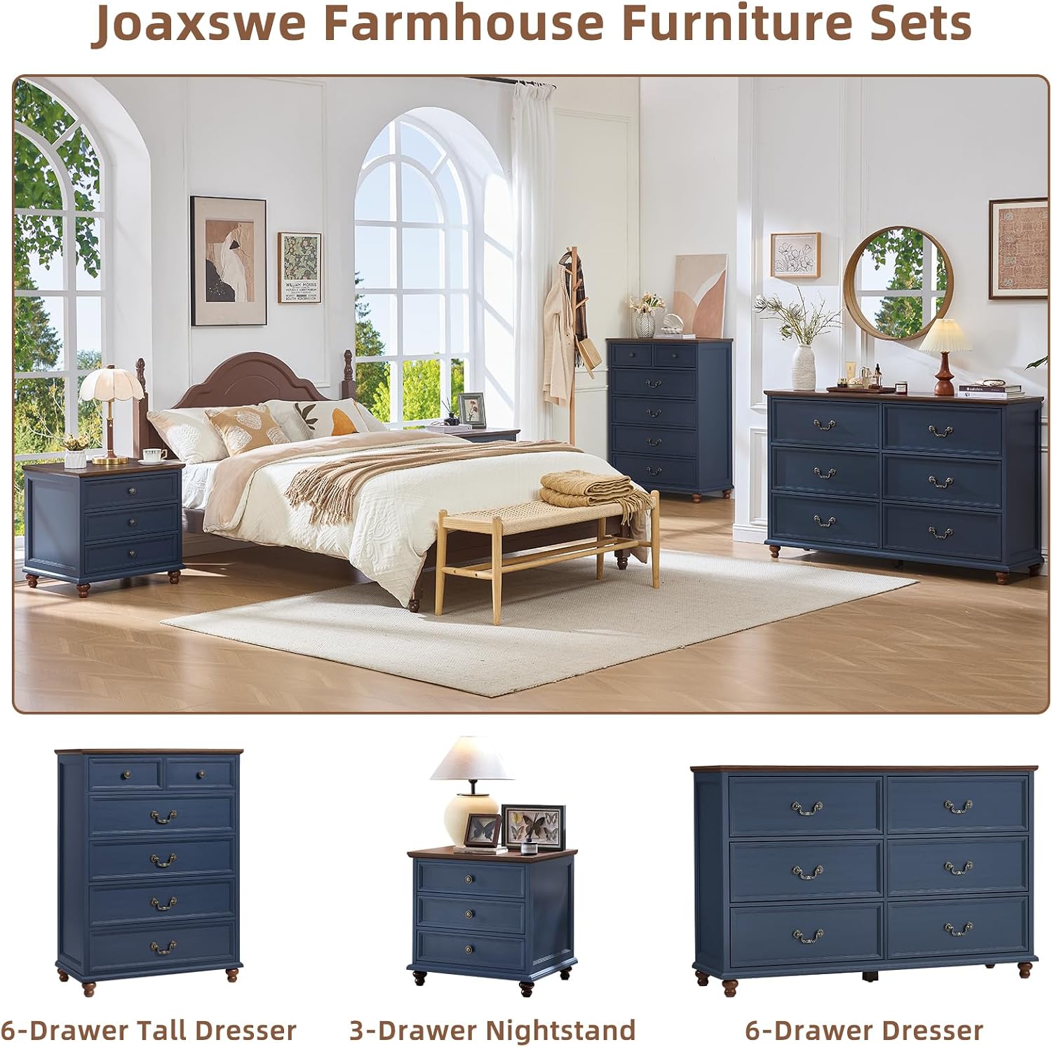 Joaxswe Farmhouse 6 Drawers Dresser for Bedroom, Vintage 54' Wide Chest of Drawers w/ 4 Wooden Legs, Rustic Large Closet Storage Dressers Organizer for Hallway, Wood TV Stand for Living Room, Blue