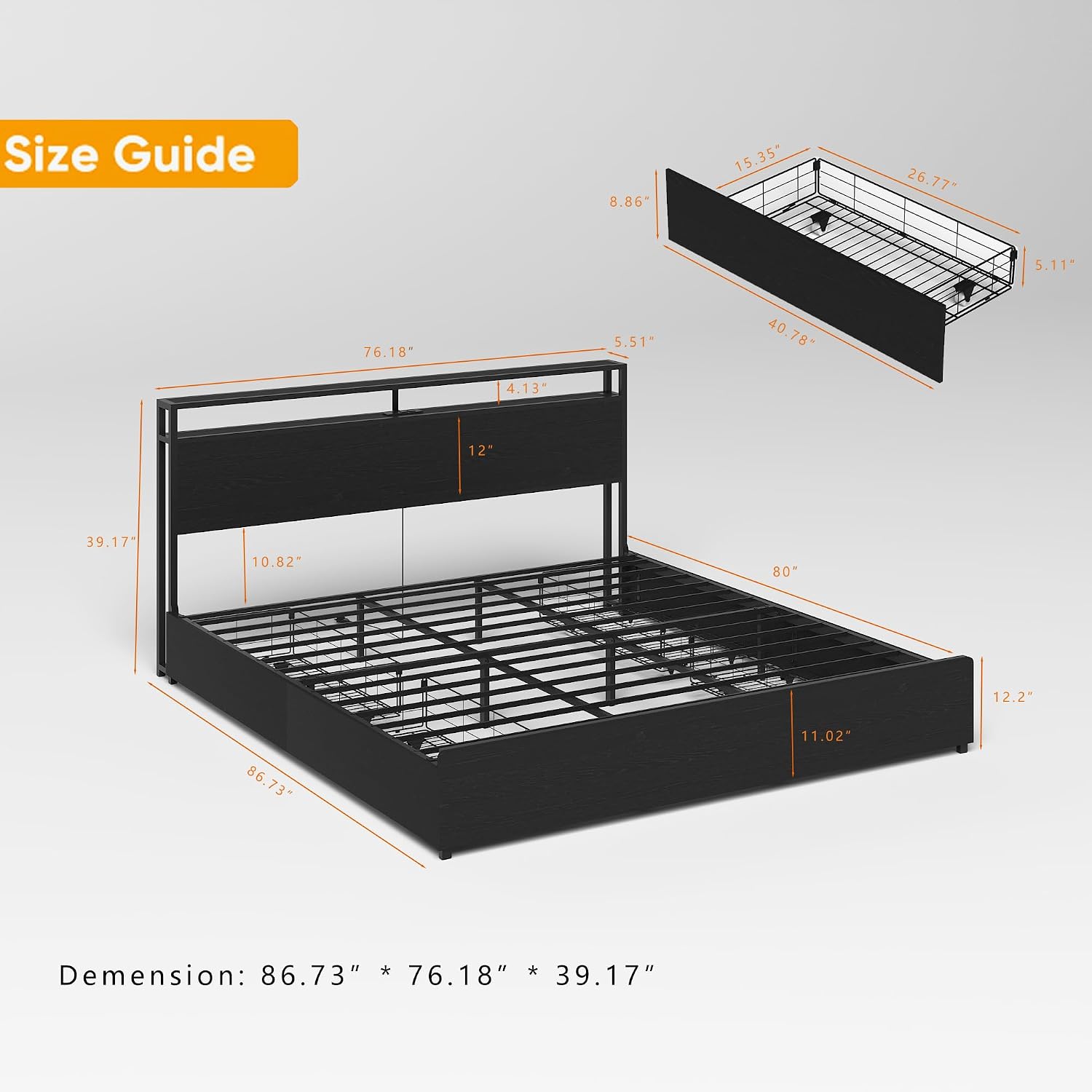 Bellemave King Size Bed Frame with 4 Storage Drawers and Charging, King Size Bed Frame with Headboard and Charging Station and with Led Lightstation, No Box Spring Needed, (King, Black)