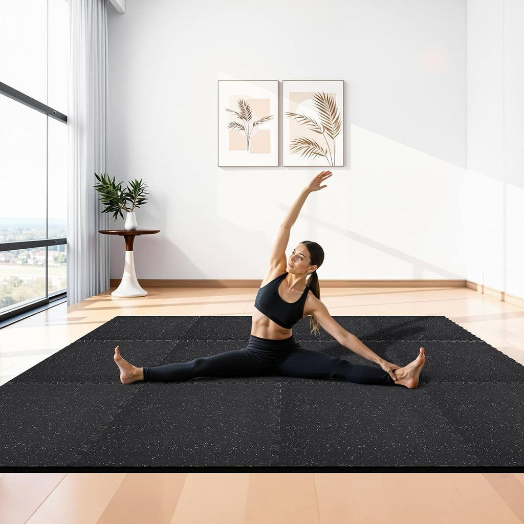 VEVOR 0.79Inch 48sq.ft 12 Tiles Gym Flooring for Home Gym, Rubber Top with High Density EVA Foam, 24 x 24In Gym Floor Exercise Equipment Mats, Interlocking Gym Mats, Puzzle Workout Mats, Black & Gray