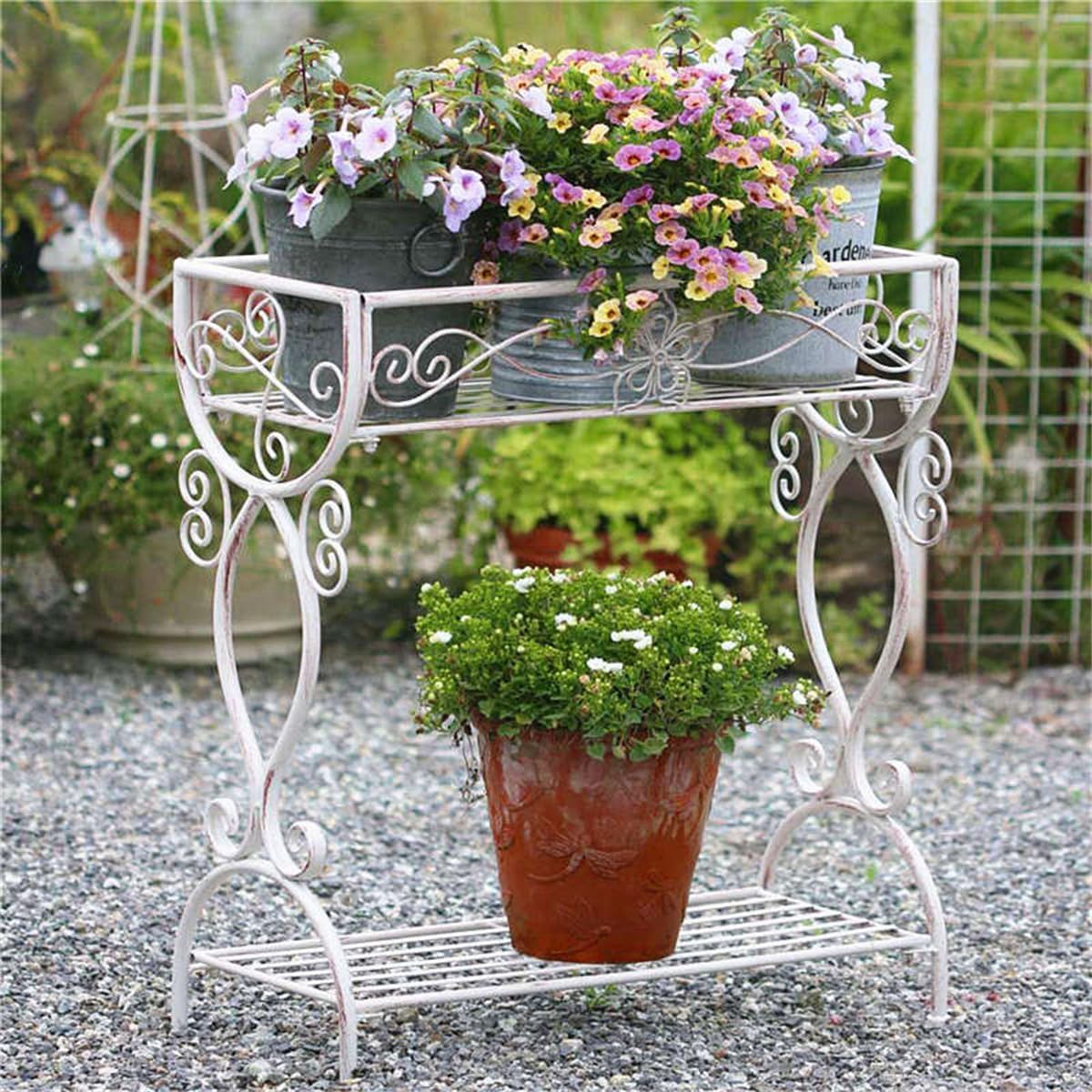 Garden Potting Bench Table, Garden Metal Flower Plant Stand,Multi-Layer Flower Pot Rack,Heavy Duty Tall Plant Shelf Flower Pot Holder,Garden Table Work Station,White