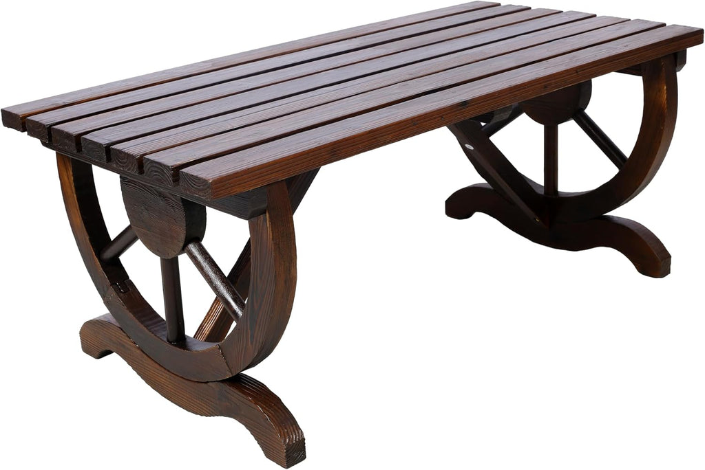 2 People Modern Outdoor Rustic Wooden Bench with Wagon Wheel Legs, Brown Garden Chair Front Porch Furniture, for Park, Yard, Lawn
