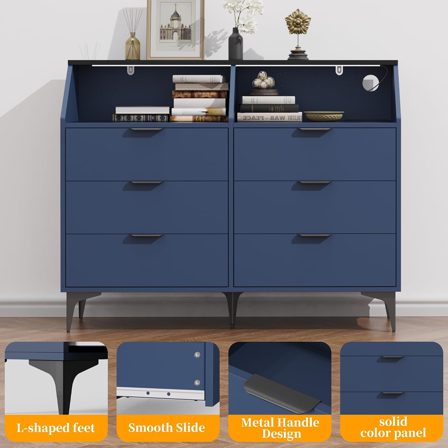 6 Drawer Dresser for Bedroom with Charging Station and LED Lights, Modern Double Dresser, Large Chest of Drawers with Open Space, LED Storage Cabinet for Living Room (Blue-Silver)