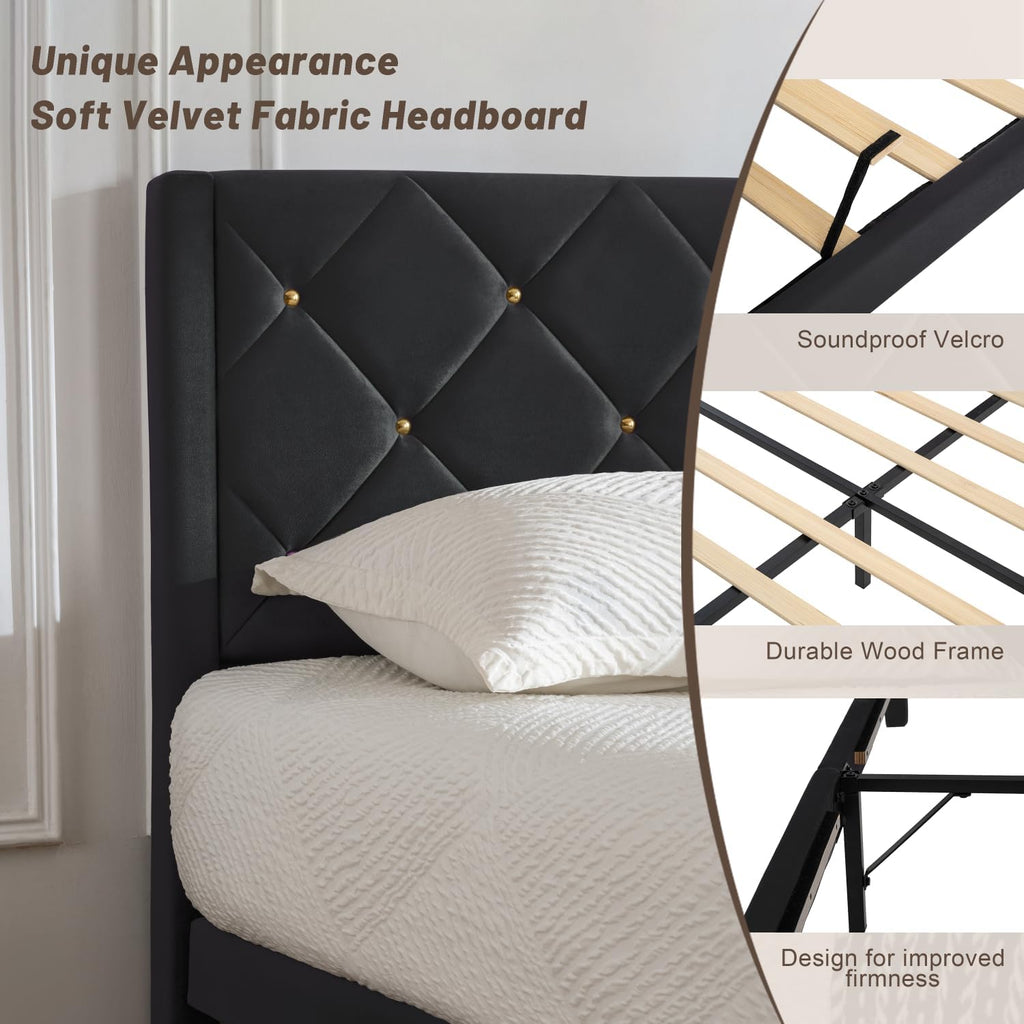 Full Size Platform Bed Frame with Velvet Headboard, Sturdy Wooden Slats Support, Mattress Foundation, No Box Spring Required, Non-Slip and Noise-Free, Easy Assembly, Black