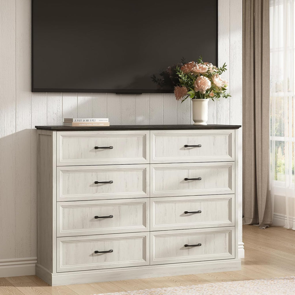 CARPETNAL Farmhouse 8 Drawer Dresser for Bedroom, 55' Wide Modern White Dresser TV Stand with Large Drawers & Bar Handles, Rustic Wood Chest of Drawers for Bedroom, Living Room, Hallway, Entryway.