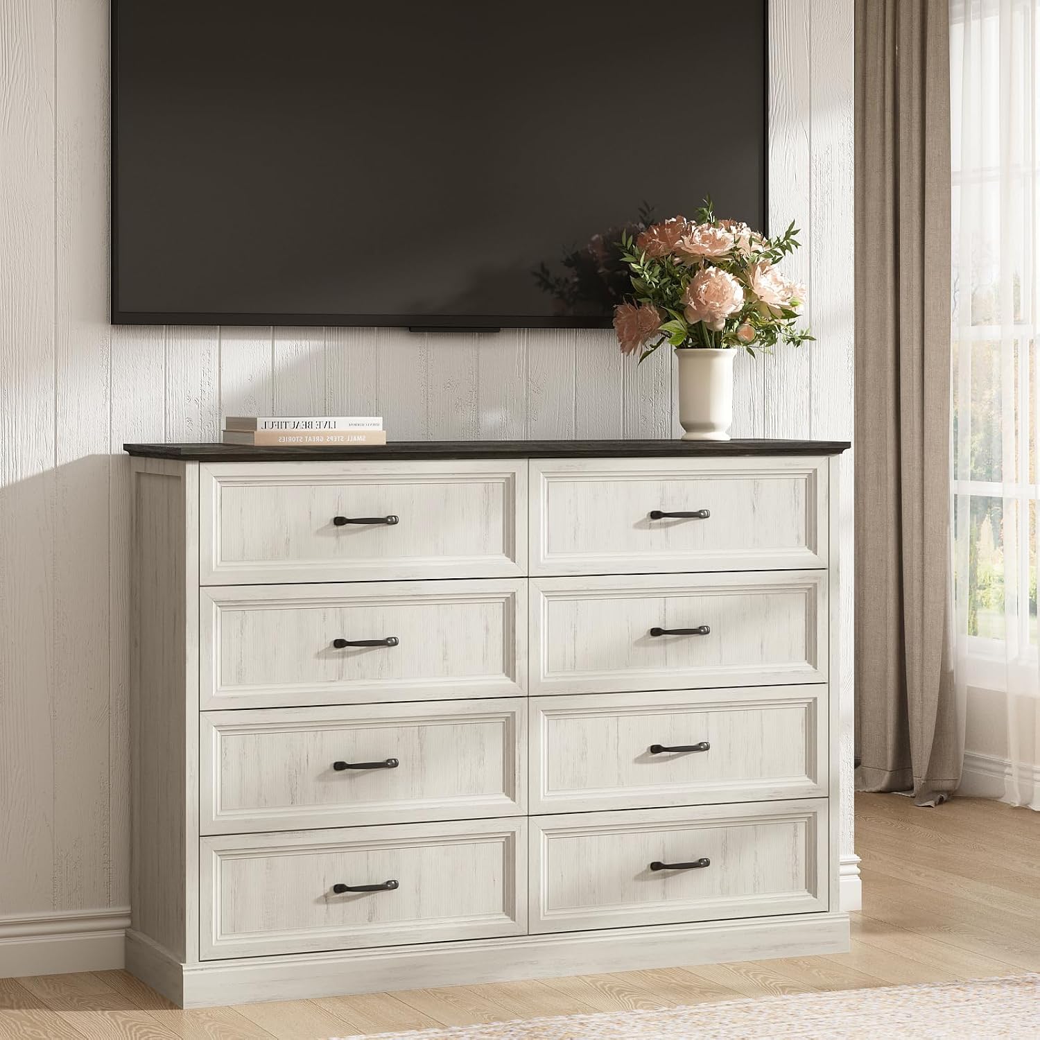 CARPETNAL Farmhouse 8 Drawer Dresser for Bedroom, 55' Wide Modern White Dresser TV Stand with Large Drawers & Bar Handles, Rustic Wood Chest of Drawers for Bedroom, Living Room, Hallway, Entryway.