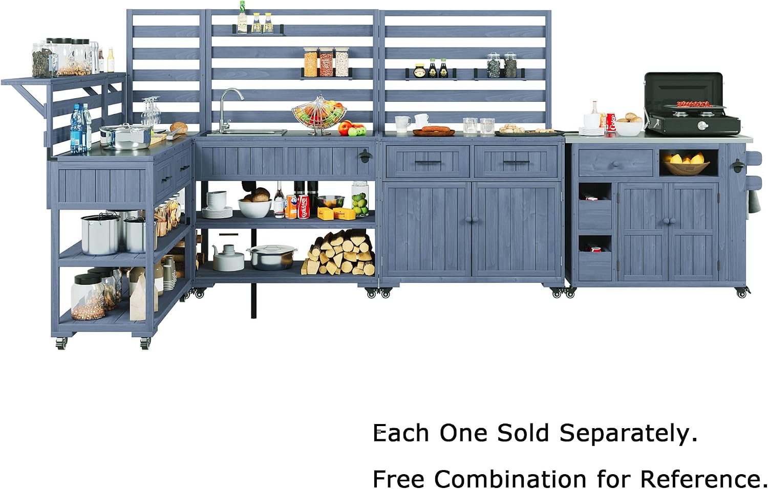 Polibi 41.7' Outdoor Kitchen Island with Sink, Solid Wood Rolling Patio Cart with Stainless Steel Top, Movable Shelves and 1 Bottle Opener,BBQ Station Garden Potting Bench, Gray