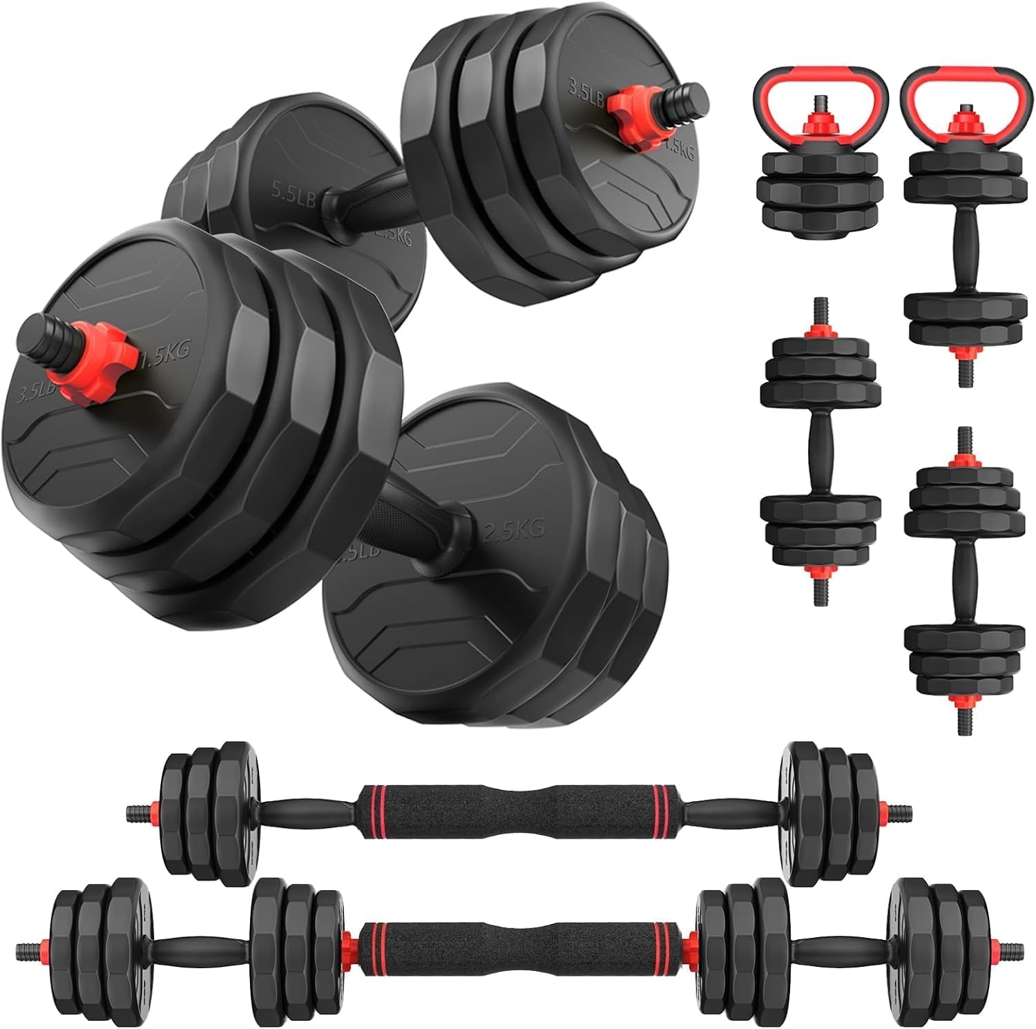 UKEEP Adjustable Dumbbells Set, 20/30/40/55/60/80lbs Free Weight Set with Connector, 2 or 3 in 1 Dumbbells Set Used as Barbell, Kettlebells, Fitness Exercises for Home Gym Suitable Men/Women