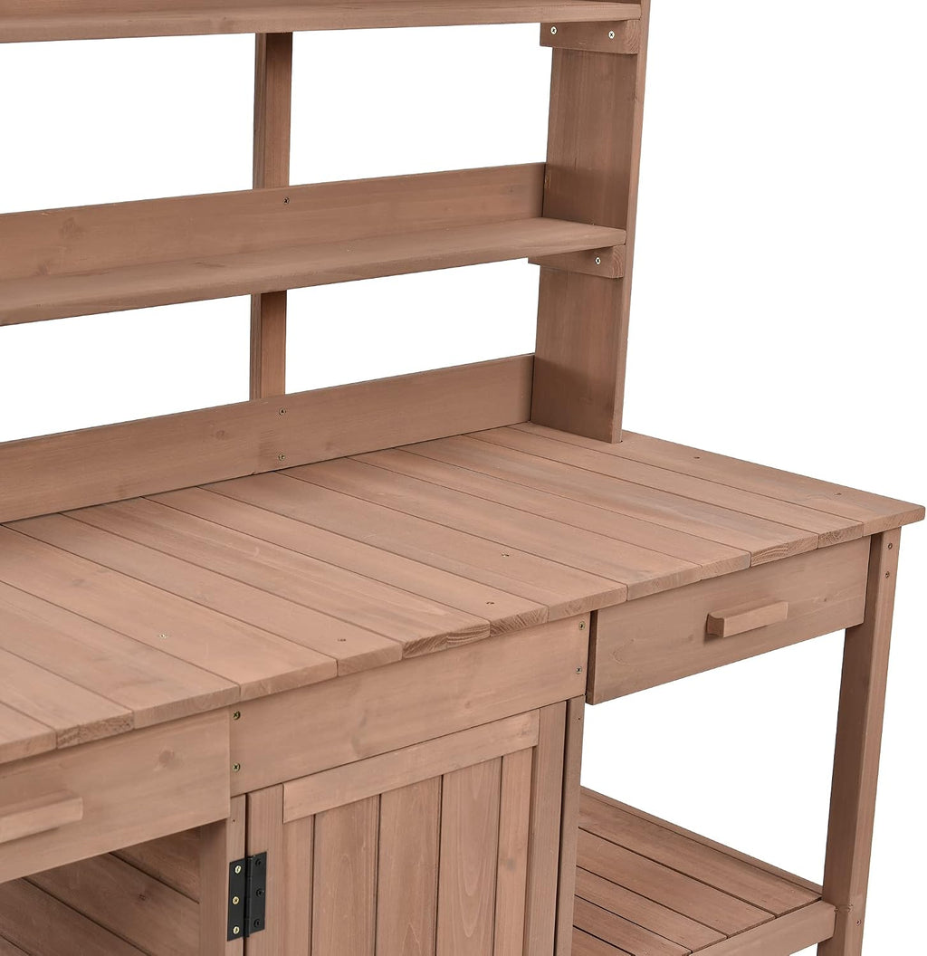 Solid Fir Wood Potting Bench Table - Large Garden Workstation with 2 Drawers, Storage Cabinet & 4-Tier Open Shelves, Heavy Duty Outdoor Prep Table with Anti-Falling Safety Device