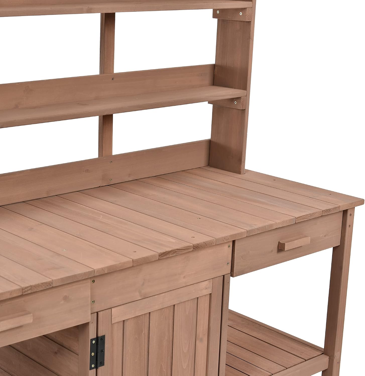 Solid Fir Wood Potting Bench Table - Large Garden Workstation with 2 Drawers, Storage Cabinet & 4-Tier Open Shelves, Heavy Duty Outdoor Prep Table with Anti-Falling Safety Device