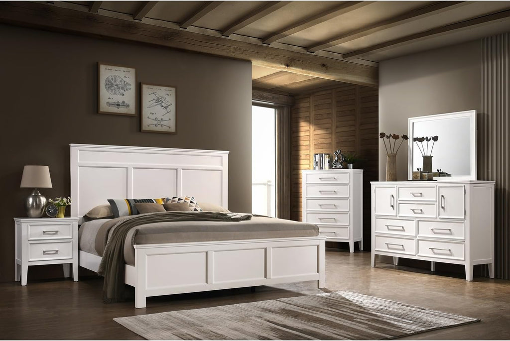 HomeStock Wood Panel Bed - White Finish - Bedroom Furniture with Headboard California King