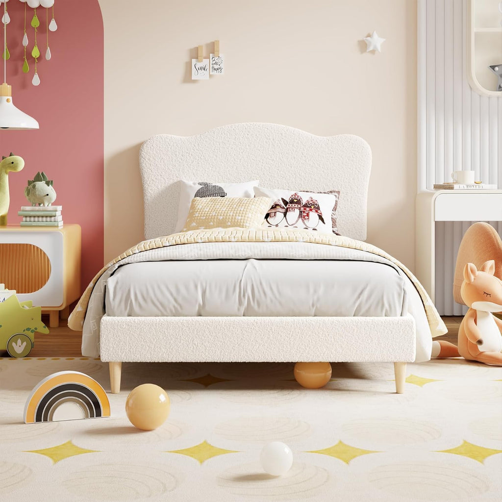GarveeHome Upholstered Twin Size Bed Frame for Kids with Scallop Headboard, Cute Velvet Twin Bed for Girls, Boys, Sturdy Platform Bed, No Box Spring Needed, Wooden Slats, Noise Free, Beige