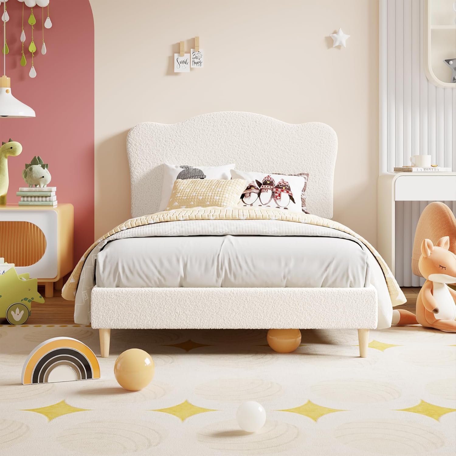 GarveeHome Upholstered Twin Size Bed Frame for Kids with Scallop Headboard, Cute Velvet Twin Bed for Girls, Boys, Sturdy Platform Bed, No Box Spring Needed, Wooden Slats, Noise Free, Beige