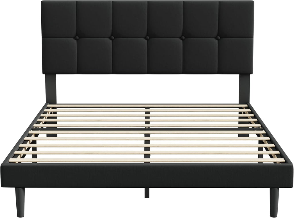 IOILORI Queen Size Bed Frame with Headboard, Queen Upholstered Bed Frame,Queen Platform Bed Frame, No Box Spring, Easy to Assemble,Black