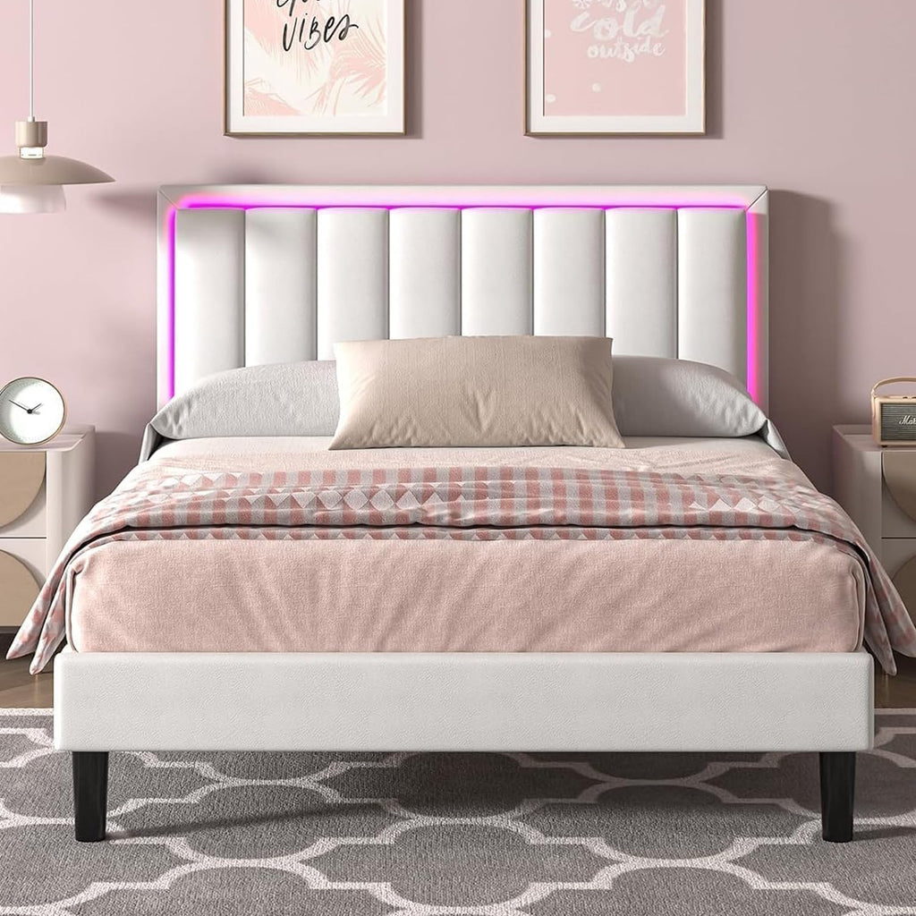 IMMERSTABLE Full Size Bed Frame with RGB LED Lights, Upholstered Platform Bed Frame with Headboard, Wood Slat Support, No Box Spring Needed, Quiet Design, Easy Assembly, White