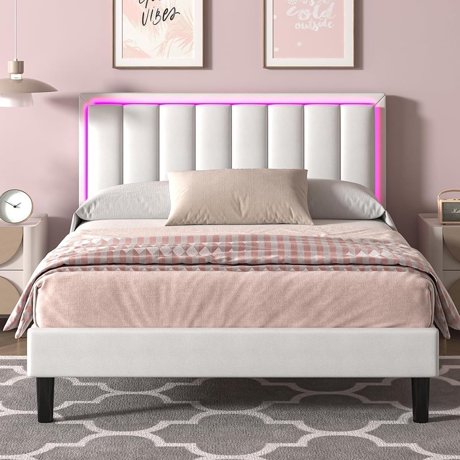 IMMERSTABLE Full Size Bed Frame with RGB LED Lights, Upholstered Platform Bed Frame with Headboard, Wood Slat Support, No Box Spring Needed, Quiet Design, Easy Assembly, White