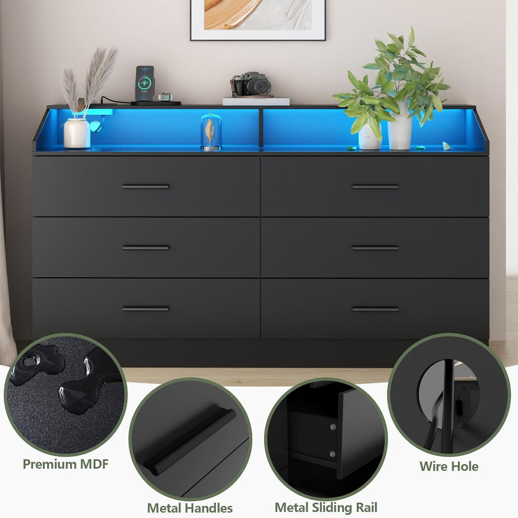 Gyfimoie 6 Drawer Dresser with Power Outlet, Chest of Drawers with LED Light, Modern Dresser with Open Storage Cubby, Double Wide Dressers Organizer for Bedroom, Living Room, Entryway, Hallway