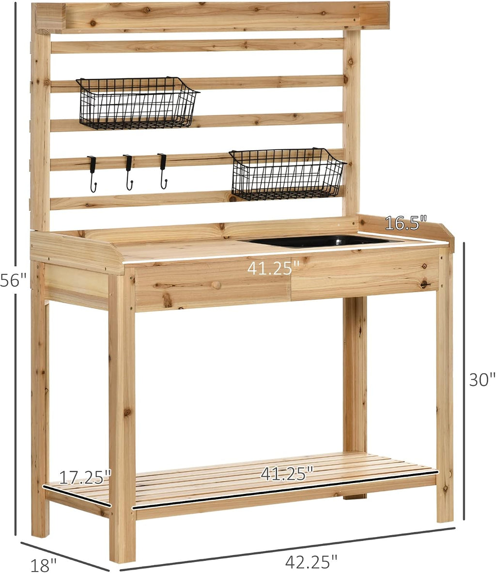 Potting Bench Table, Garden Work Bench, Workstation with Metal Sieve Screen, Removable Sink, Additional Hooks and Baskets for Patio, Courtyards, Balcony, Natural