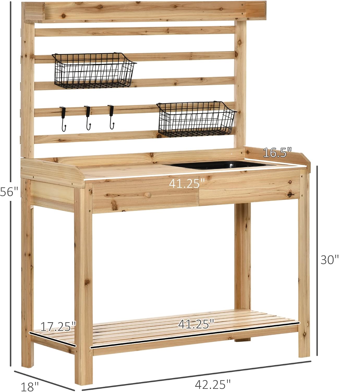 Potting Bench Table, Garden Work Bench, Workstation with Metal Sieve Screen, Removable Sink, Additional Hooks and Baskets for Patio, Courtyards, Balcony, Natural