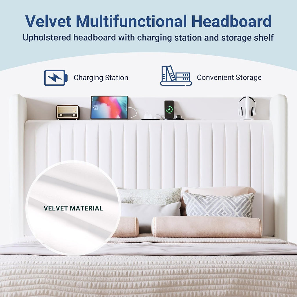 Allewie King Size Platform Bed Frame with USB Charging Station and Storage Shelf/Upholstered Velvet Wingback Headboard/Wooden Slats Support/No Box Spring Needed/Easy Assembly, White