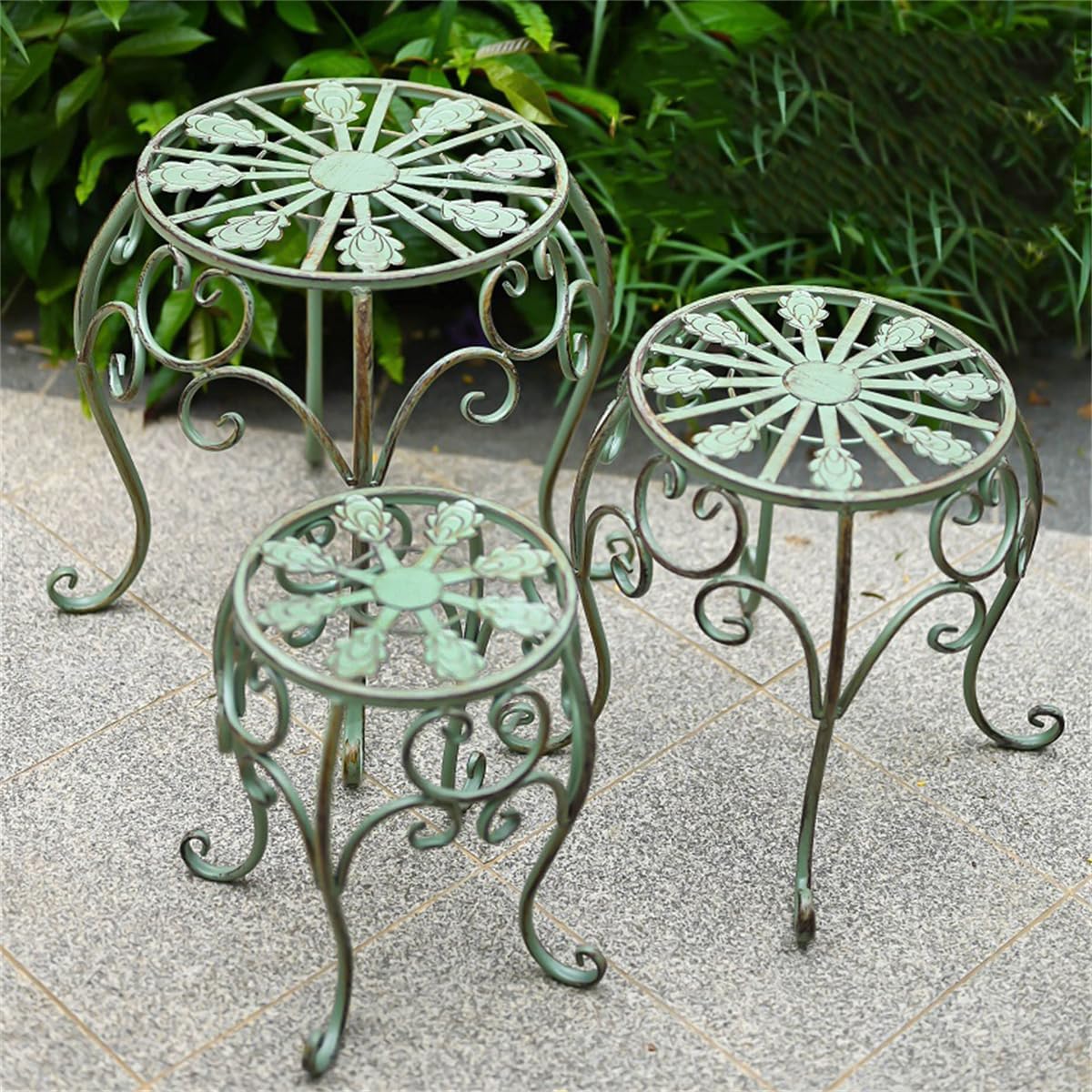3Pcs Floor-Standing Flower Bench, Outdoor Cast Iron Flower Stand,Heavy Duty Wrought Iron Flower Pot Stand,Outdoor Garden Potting Bench Table,for Courtyard Garden Living Room,B
