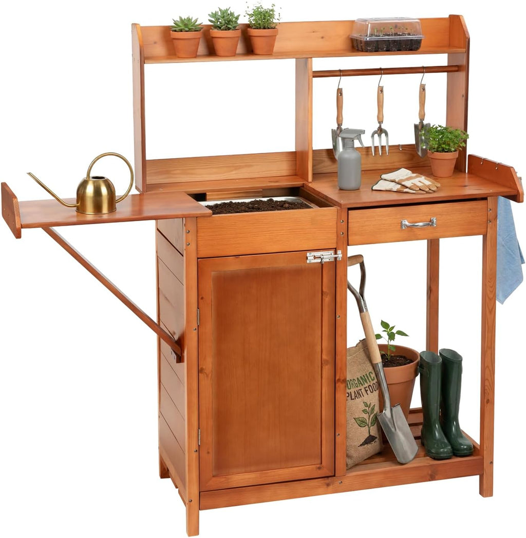 OOOK Potting Bench, Nordic Scots Pine Potting Table with Sliding Tabletop, Removable Sink, Garden Bench, Workstation for Outside Patio Lawn, Wooden Garden Work Station