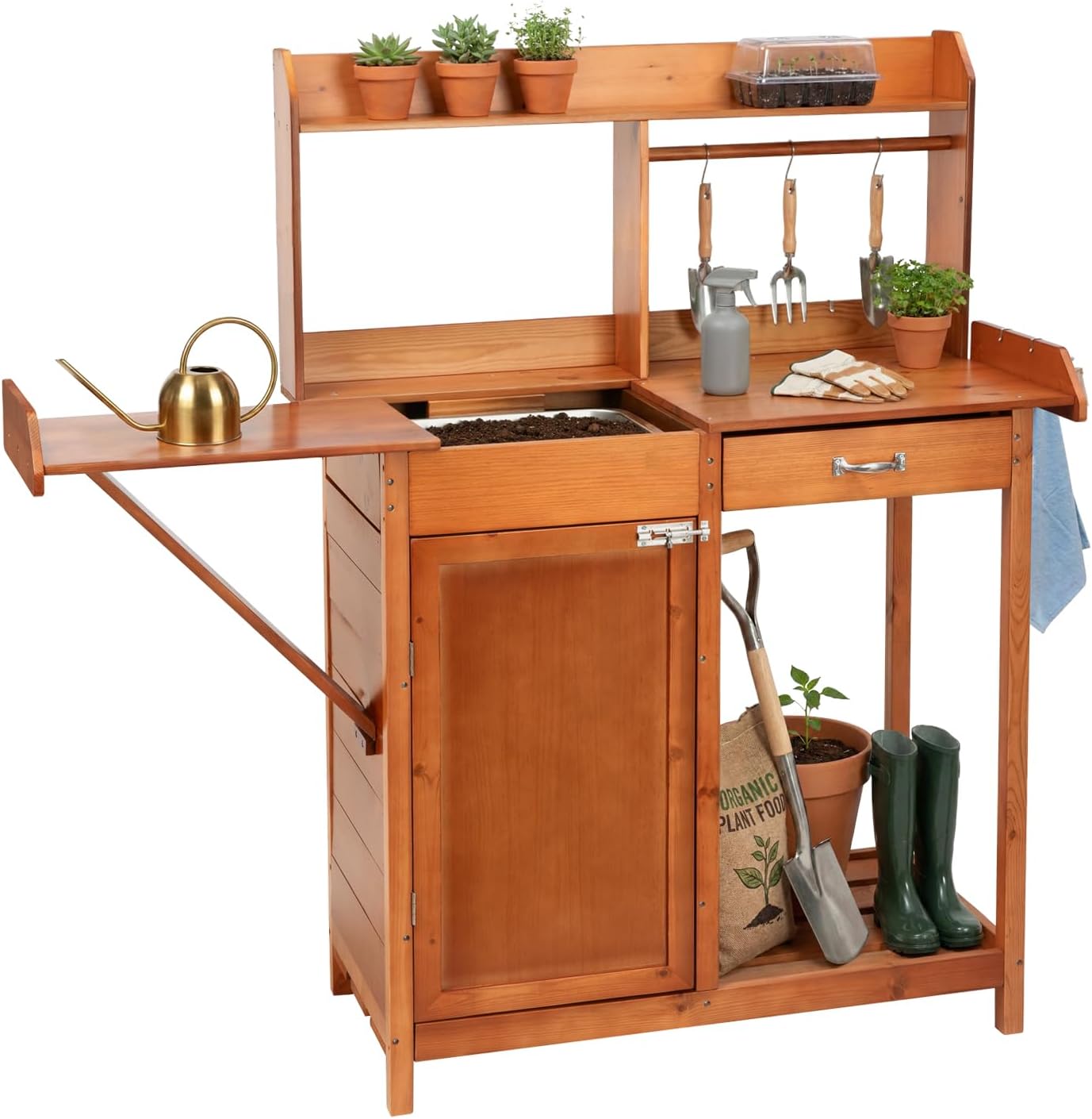 OOOK Potting Bench, Nordic Scots Pine Potting Table with Sliding Tabletop, Removable Sink, Garden Bench, Workstation for Outside Patio Lawn, Wooden Garden Work Station