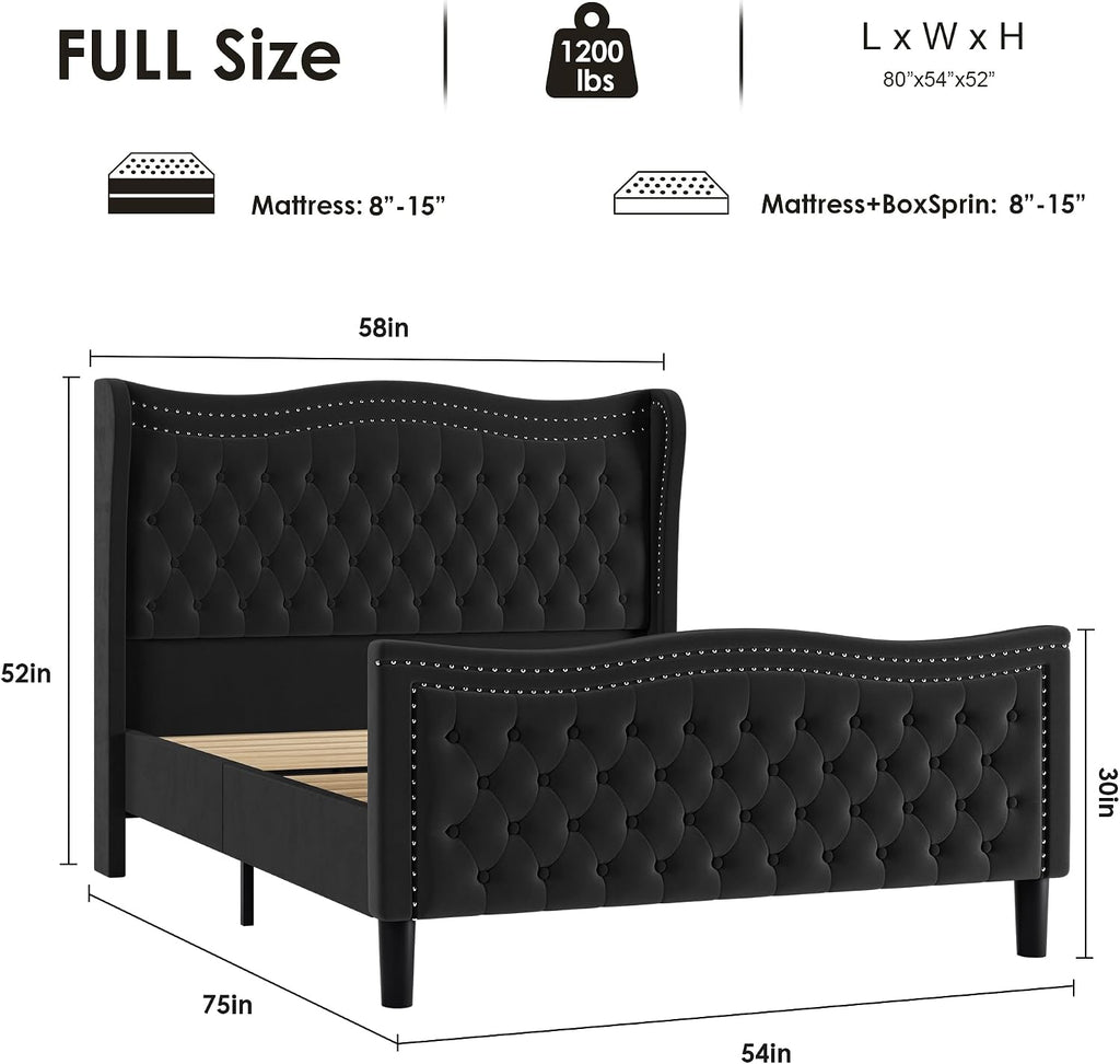 Full Bed Frame with Tall Headboard & Footboard, Velvet Upholstered Platform Bed Frame with Deep Button Tufted Wingback, No Box Spring Needed, Noise Free, Black