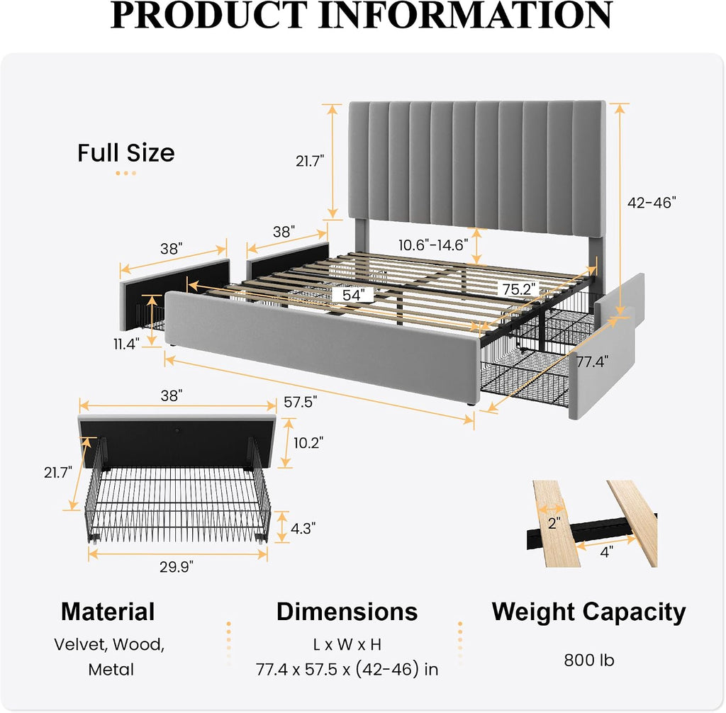 SHA CERLIN Full Size Platform Bed Frame with 4 Storage Drawers, Vertical Channel Tufted Adjustable Headboard, Velvet Upholstered, Wooden Slats Support, No Box Spring Needed, Easy Assembly, Grey