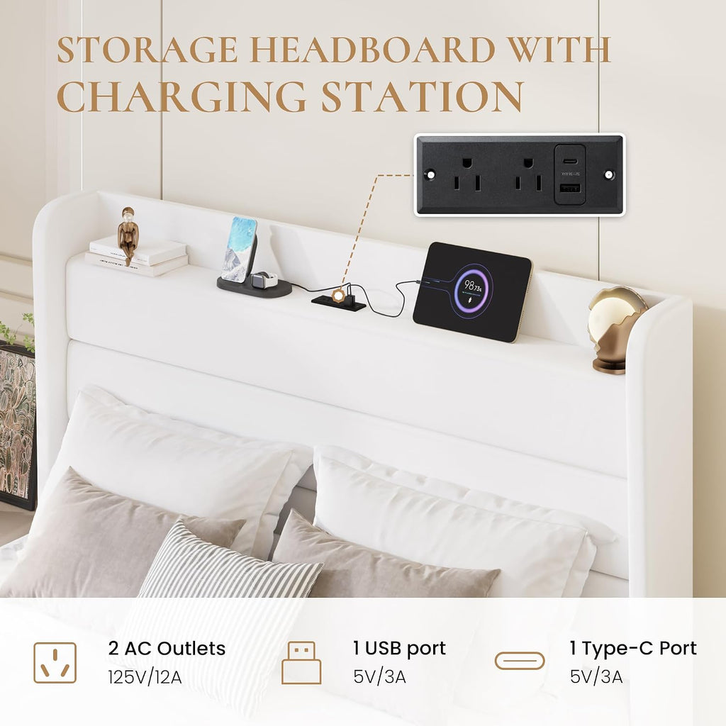 SHA CERLIN Queen Bed Frame with Charging Station, Velvet Upholstered Platform Bed, Wingback Storage Headboard, Type-C & USB Ports, Strong Wooden Slats, No Box Spring Needed, Easy Assembly, White