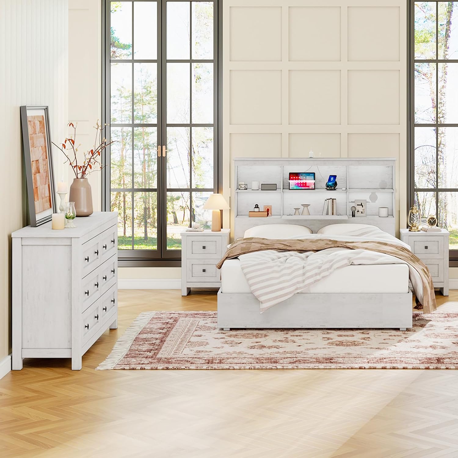 LUXOAK Bedroom Dresser and Nightstand 3 Piece Set, 1 X Wood Rustic 6 Drawer Storage Dresser, Nightstand Set of 2 with Charging Station, Farmhouse Bedroom Furniture Set, Rustic White