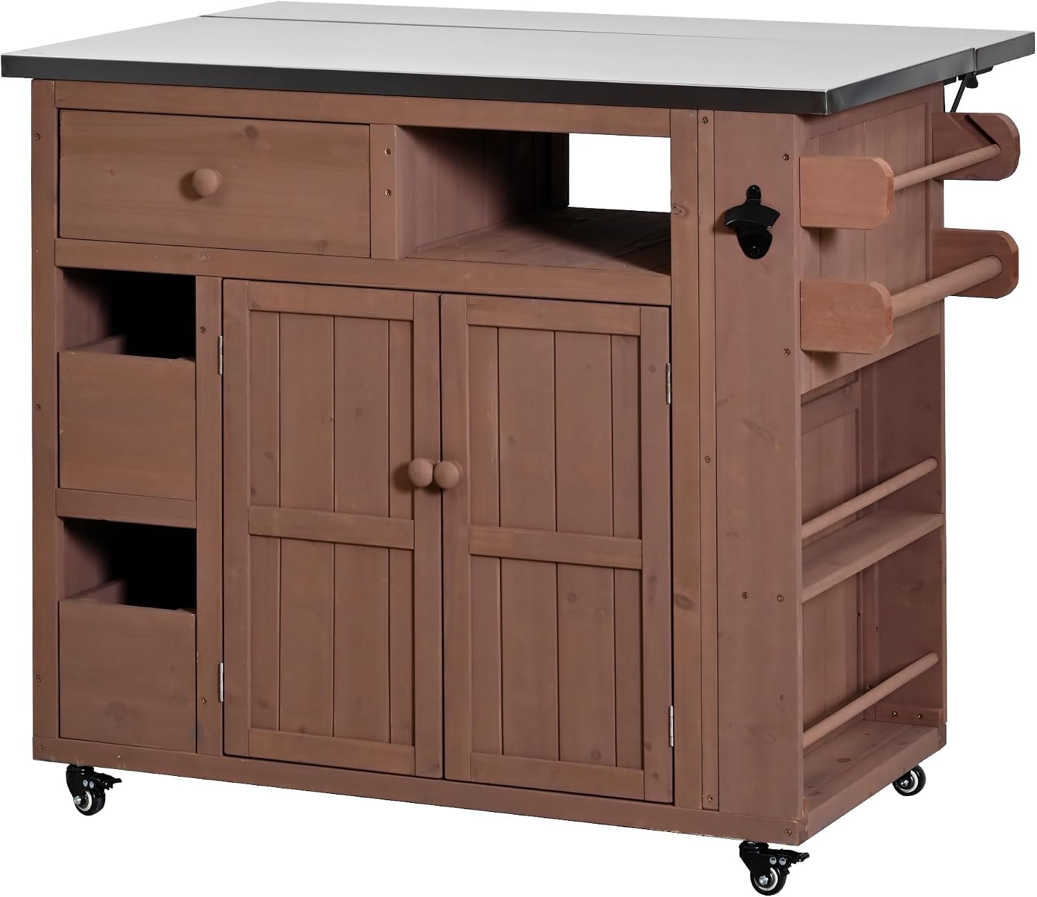 Roomfitters Outdoor Grill Cart and BBQ Prep Station, Stainless Steel Top, Rolling Kitchen Island Potting Bench, Brown