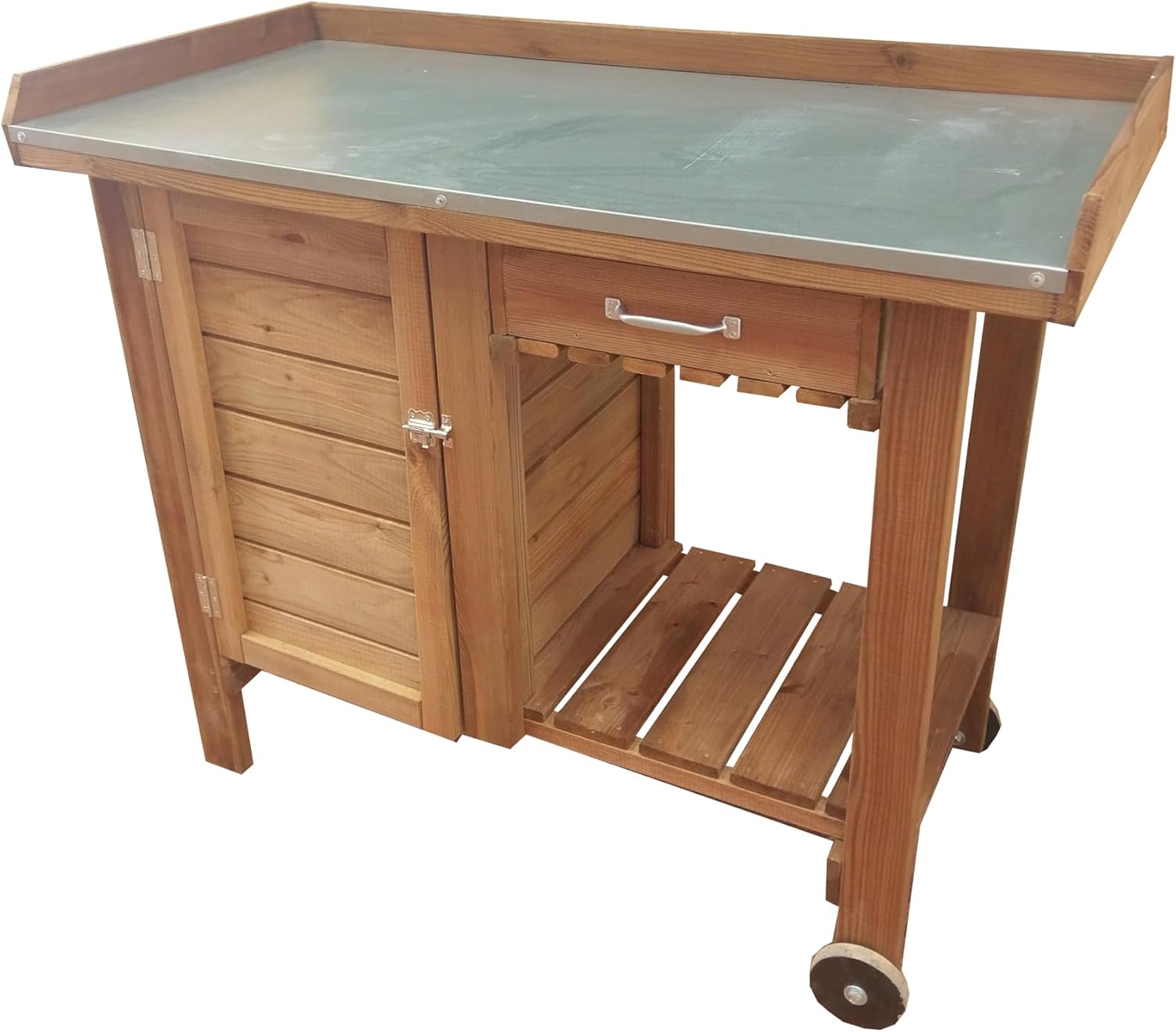Gardener's Table with Tin Work Surface, Wheels, Cabinet, and Drawer, 42.5' L x 20.5' W x 35.5' H; 73 lbs
